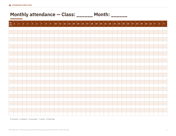 Preview of Printable Monthly Attendance Register