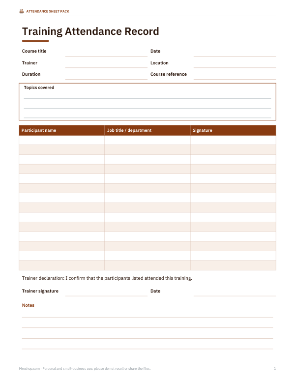 Preview of Printable Training Attendance Record