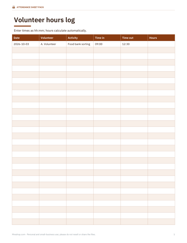 Preview of Printable Volunteer Hours Log