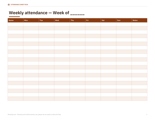 Preview of Printable Weekly Attendance Register